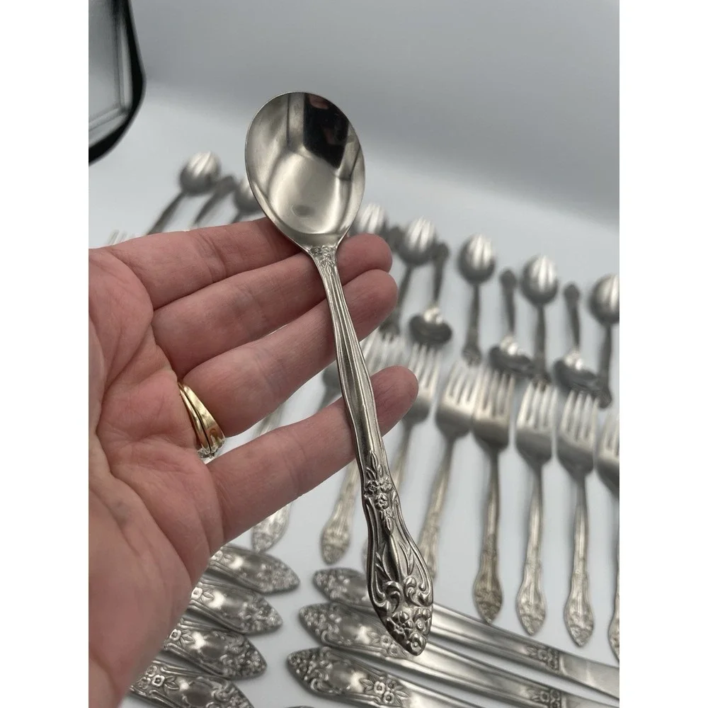 Vtg. 41 Piece Rogers Co. Japan Stainless Flatware Rose Pattern Knife Fork Spoon